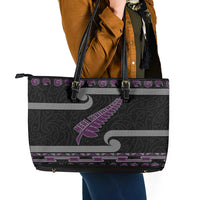 New Zealand Christmas Leather Tote Bag Meri Kirihimete Silver Fern Knit Style Purple Color - Polynesian Pride