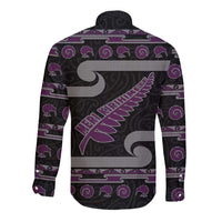 New Zealand Christmas Long Sleeve Button Shirt Meri Kirihimete Silver Fern Knit Style Purple Color - Polynesian Pride