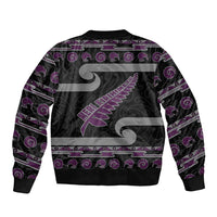 New Zealand Christmas Sleeve Zip Bomber Jacket Meri Kirihimete Silver Fern Knit Style Purple Color - Polynesian Pride