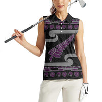 New Zealand Christmas Women Sleeveless Polo Shirt Meri Kirihimete Silver Fern Knit Style Purple Color - Polynesian Pride
