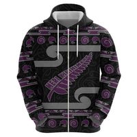 New Zealand Christmas Zip Hoodie Meri Kirihimete Silver Fern Knit Style Purple Color - Polynesian Pride