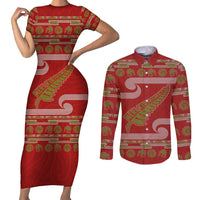New Zealand Christmas Couples Matching Short Sleeve Bodycon Dress and Long Sleeve Button Shirt Meri Kirihimete Silver Fern Knit Style Green Color - Polynesian Pride