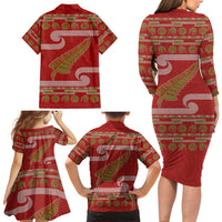 New Zealand Christmas Family Matching Long Sleeve Bodycon Dress and Hawaiian Shirt Meri Kirihimete Silver Fern Knit Style Green Color - Polynesian Pride
