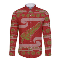 New Zealand Christmas Long Sleeve Button Shirt Meri Kirihimete Silver Fern Knit Style Green Color - Polynesian Pride