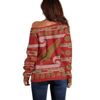 New Zealand Christmas Off Shoulder Sweater Meri Kirihimete Silver Fern Knit Style Green Color - Polynesian Pride