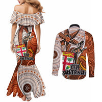 Fiji Australia Rugby Couples Matching Mermaid Dress and Long Sleeve Button Shirts Kangaroo and Palm Tree Orange Tapa Pattern Mix Aboriginal LT03 - Polynesian Pride