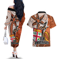 fiji-australia-rugby-couples-matching-off-the-shoulder-long-sleeve-dress-and-hawaiian-shirt-kangaroo-and-palm-tree-orange-tapa-pattern-mix-aboriginal