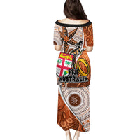 Fiji Australia Rugby Family Matching Puletasi Dress and Hawaiian Shirt Kangaroo and Palm Tree Orange Tapa Pattern Mix Aboriginal LT03 - Polynesian Pride