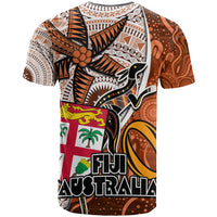 Fiji Australia Rugby T Shirt Kangaroo and Palm Tree Orange Tapa Pattern Mix Aboriginal LT03 - Polynesian Pride