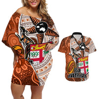 Personalised Fiji Australia Rugby Couples Matching Off Shoulder Short Dress and Hawaiian Shirt Kangaroo and Palm Tree Orange Tapa Pattern Mix Aboriginal LT03 Orange - Polynesian Pride