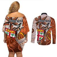Personalised Fiji Australia Rugby Couples Matching Off Shoulder Short Dress and Long Sleeve Button Shirts Kangaroo and Palm Tree Orange Tapa Pattern Mix Aboriginal LT03 - Polynesian Pride