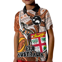 Personalised Fiji Australia Rugby Kid Polo Shirt Kangaroo and Palm Tree Orange Tapa Pattern Mix Aboriginal LT03 Kid Orange - Polynesian Pride