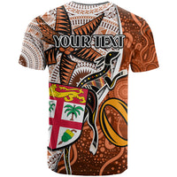 Personalised Fiji Australia Rugby T Shirt Kangaroo and Palm Tree Orange Tapa Pattern Mix Aboriginal LT03 - Polynesian Pride