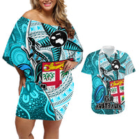 Fiji Australia Rugby Couples Matching Off Shoulder Short Dress and Hawaiian Shirt Kangaroo and Palm Tree Blue Tapa Pattern Mix Aboriginal LT03 Blue - Polynesian Pride