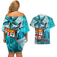 Fiji Australia Rugby Couples Matching Off Shoulder Short Dress and Hawaiian Shirt Kangaroo and Palm Tree Blue Tapa Pattern Mix Aboriginal LT03 - Polynesian Pride