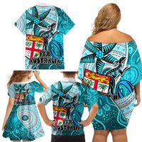 fiji-australia-rugby-family-matching-off-shoulder-short-dress-and-hawaiian-shirt-kangaroo-and-palm-tree-blue-tapa-pattern-mix-aboriginal