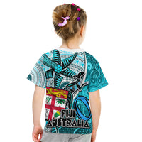 Fiji Australia Rugby Kid T Shirt Kangaroo and Palm Tree Blue Tapa Pattern Mix Aboriginal LT03 - Polynesian Pride