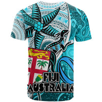 Fiji Australia Rugby T Shirt Kangaroo and Palm Tree Blue Tapa Pattern Mix Aboriginal LT03 - Polynesian Pride