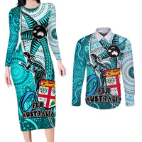 personalised-fiji-australia-rugby-couples-matching-long-sleeve-bodycon-dress-and-long-sleeve-button-shirts-kangaroo-and-palm-tree-blue-tapa-pattern-mix-aboriginal