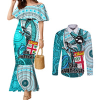 personalised-fiji-australia-rugby-couples-matching-mermaid-dress-and-long-sleeve-button-shirts-kangaroo-and-palm-tree-blue-tapa-pattern-mix-aboriginal