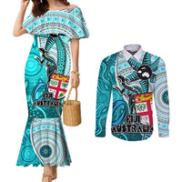 Personalised Fiji Australia Rugby Couples Matching Mermaid Dress and Long Sleeve Button Shirts Kangaroo and Palm Tree Blue Tapa Pattern Mix Aboriginal LT03 Blue - Polynesian Pride