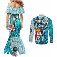 personalised-fiji-australia-rugby-couples-matching-mermaid-dress-and-long-sleeve-button-shirts-kangaroo-and-palm-tree-blue-tapa-pattern-mix-aboriginal