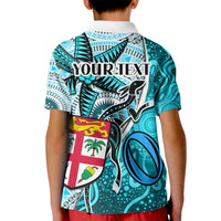 Personalised Fiji Australia Rugby Kid Polo Shirt Kangaroo and Palm Tree Blue Tapa Pattern Mix Aboriginal LT03 - Polynesian Pride