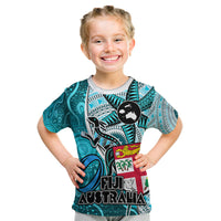 Personalised Fiji Australia Rugby Kid T Shirt Kangaroo and Palm Tree Blue Tapa Pattern Mix Aboriginal LT03 Blue - Polynesian Pride