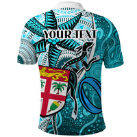 Personalised Fiji Australia Rugby Polo Shirt Kangaroo and Palm Tree Blue Tapa Pattern Mix Aboriginal LT03 - Polynesian Pride