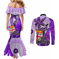 Fiji Australia Rugby Couples Matching Mermaid Dress and Long Sleeve Button Shirts Kangaroo and Palm Tree Purple Tapa Pattern Mix Aboriginal LT03 - Polynesian Pride