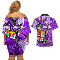 fiji-australia-rugby-couples-matching-off-shoulder-short-dress-and-hawaiian-shirt-kangaroo-and-palm-tree-purple-tapa-pattern-mix-aboriginal