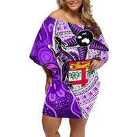 Personalised Fiji Australia Rugby Off Shoulder Short Dress Kangaroo and Palm Tree Purple Tapa Pattern Mix Aboriginal LT03 Women Purple - Polynesian Pride
