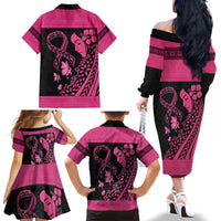 Breast Cancer Awareness Family Matching Off The Shoulder Long Sleeve Dress and Hawaiian Shirt Think Pink Polynesian Ribbon and Butterfly