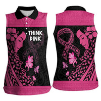 Breast Cancer Awareness Women Sleeveless Polo Shirt Think Pink Polynesian Ribbon and Butterfly
