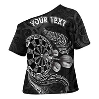 Personalised New Zealand Aotearoa Darts Masters Cross Shoulder Shirt Tribal Silver Fern and Ta Moko Dartboard - Polynesian Pride
