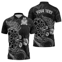 Personalised New Zealand Aotearoa Darts Masters Zipper Polo Shirt Tribal Silver Fern and Ta Moko Dartboard - Polynesian Pride