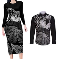 Personalised New Zealand Aotearoa Darts Masters Couples Matching Long Sleeve Bodycon Dress and Long Sleeve Button Shirt Silver Fern and Maori Spirit - Polynesian Pride