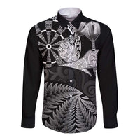 Personalised New Zealand Aotearoa Darts Masters Long Sleeve Button Shirt Silver Fern and Maori Spirit - Polynesian Pride