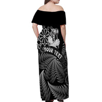 Personalised New Zealand Aotearoa Darts Masters Off Shoulder Maxi Dress Silver Fern and Maori Spirit - Polynesian Pride