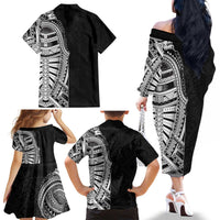 Traditional Polynesian Art Tattoos Family Matching Off The Shoulder Long Sleeve Dress and Hawaiian Shirt Black Color - Polynesian Pride