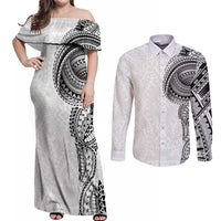 Traditional Polynesian Art Tattoos Couples Matching Off Shoulder Maxi Dress and Long Sleeve Button Shirt White Color - Polynesian Pride