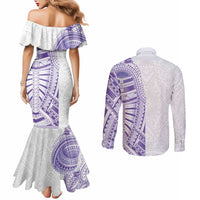 Traditional Polynesian Art Tattoos Couples Matching Mermaid Dress and Long Sleeve Button Shirt Purple Color - Polynesian Pride