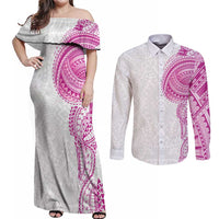 Traditional Polynesian Art Tattoos Couples Matching Off Shoulder Maxi Dress and Long Sleeve Button Shirt Pink Color - Polynesian Pride
