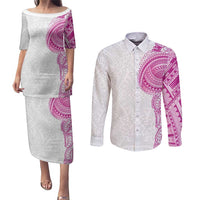 Traditional Polynesian Art Tattoos Couples Matching Puletasi and Long Sleeve Button Shirt Pink Color - Polynesian Pride