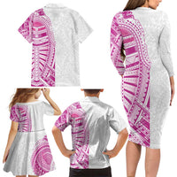 Traditional Polynesian Art Tattoos Family Matching Long Sleeve Bodycon Dress and Hawaiian Shirt Pink Color - Polynesian Pride