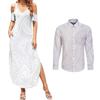 Lotu Tamaiti Couples Matching Summer Maxi Dress and Long Sleeve Button Shirt Traditional Samoan Art Tattoos - Polynesian Pride