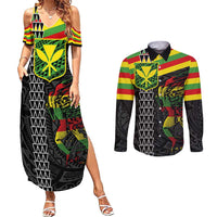 Kanaka Maoli Running Couples Matching Summer Maxi Dress and Long Sleeve Button Shirt Kakau Pattern with Kanaka Maoli Flag Color
