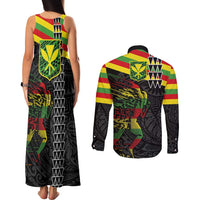 Kanaka Maoli Running Couples Matching Tank Maxi Dress and Long Sleeve Button Shirt Kakau Pattern with Kanaka Maoli Flag Color
