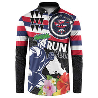 Honolulu Running Race Button Sweatshirt Hawaii Marathon Kakau Art with Hibiscus and National Flag Style LT03 Blue and White - Polynesian Pride
