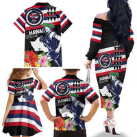 Honolulu Running Race Family Matching Off The Shoulder Long Sleeve Dress and Hawaiian Shirt Hawaii Marathon Kakau Art with Hibiscus and National Flag Style